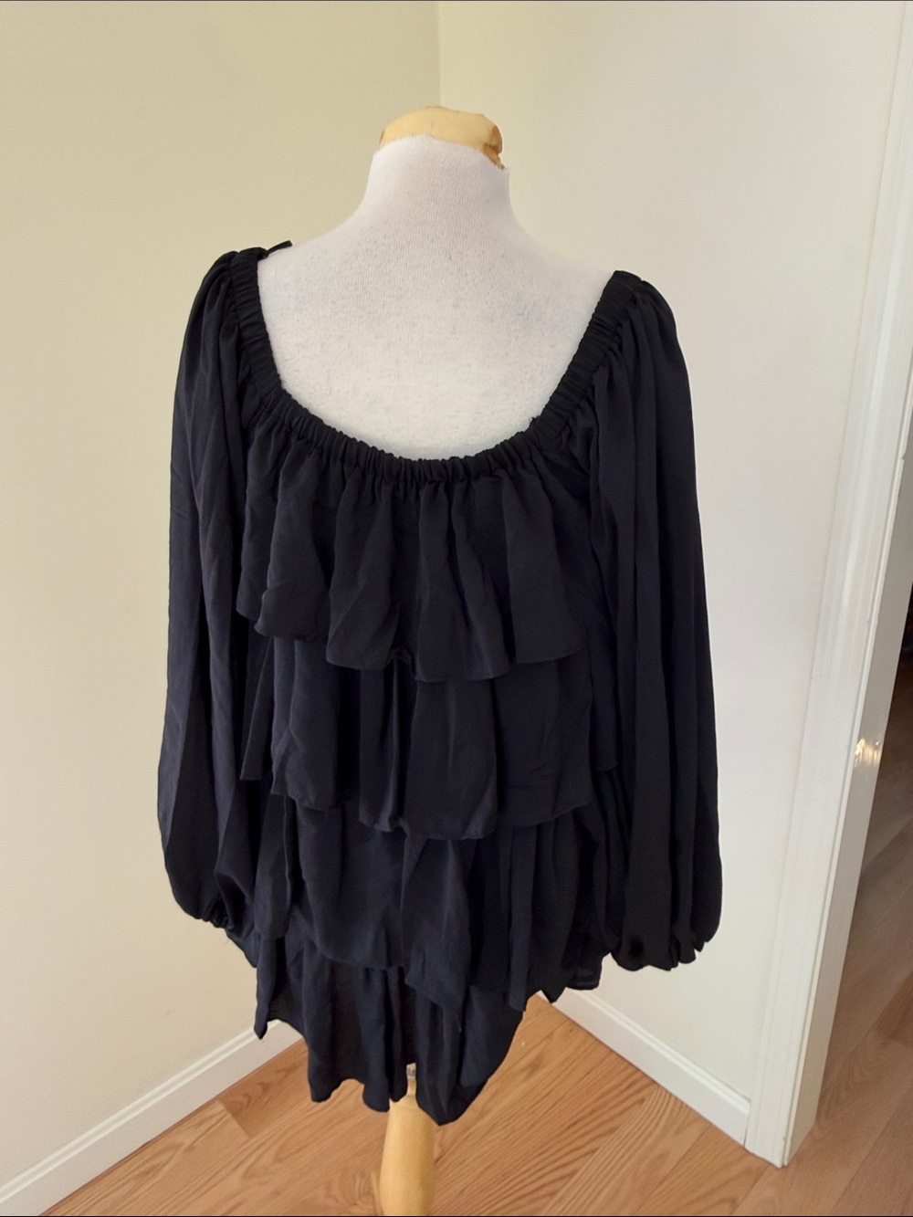 Mable small black moana neck ruffled tiered long sleeve mini dress. - Picture 5 of 12